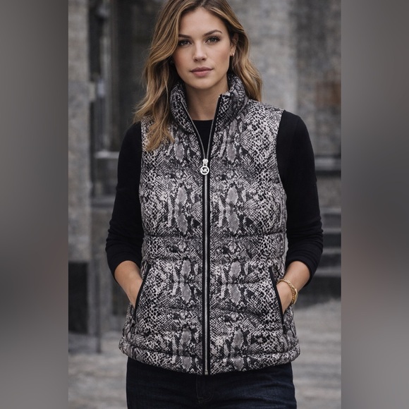 MICHAEL Michael Kors Jackets & Blazers - MICHAEL by MICHAEL KORS Black And White Snake Print Quilted Puffer Vest